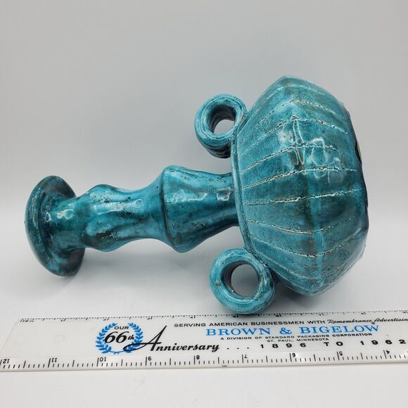 Vtg Turquoise Pottery Vase Mid Century Ceramic Double Handle Ribbed Boho Decor - Picture 9 of 10